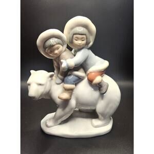 Lladro 5353 Eskimo Children Riding Polar Bear 1985 Spain Porcelain Figurine WOB